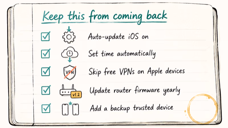 Notebook checklist of five habits that prevent the Apple ID server error from returning.