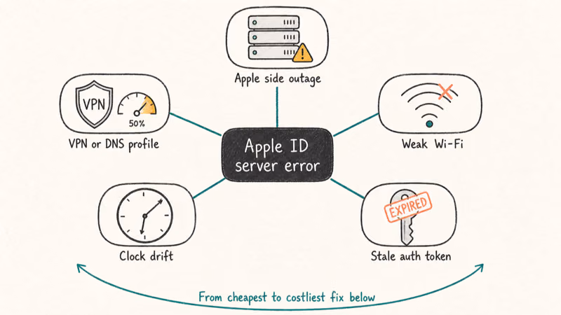 Five root causes of the Apple ID server error arranged radially around a central error node.