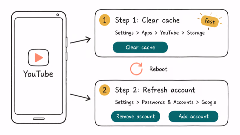 Android two step fix showing clear YouTube cache then remove and re-add Google account.