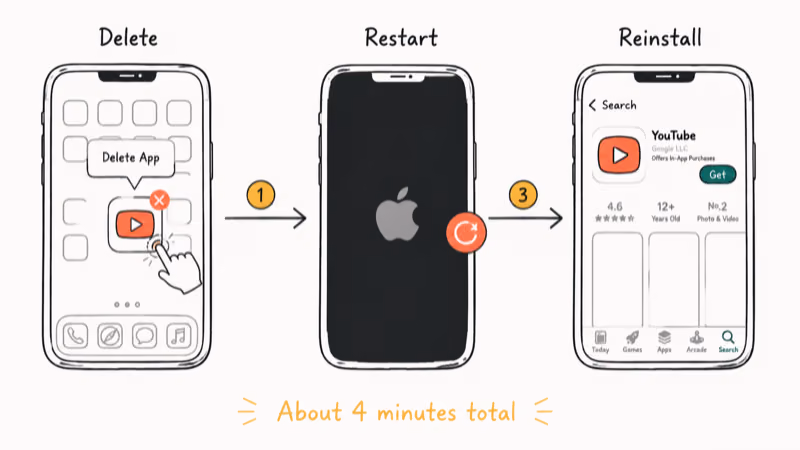 iPhone three step flow deleting YouTube app then restarting and reinstalling from App Store.