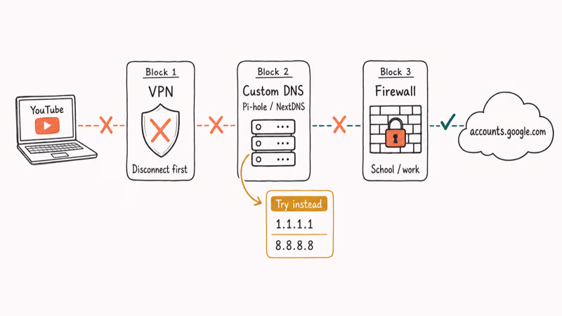 Network path showing VPN, custom DNS, and firewall checkpoints between laptop and Google.