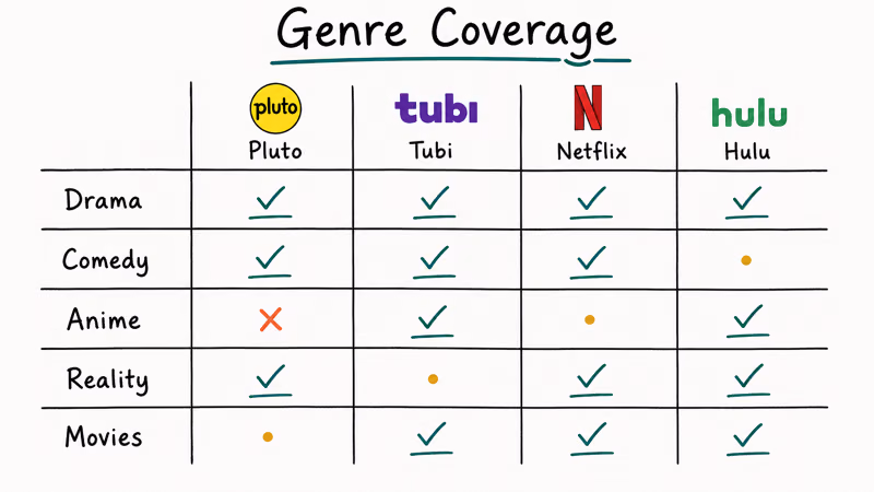 Hand-drawn matrix mapping streaming services Pluto Tubi Netflix and Hulu against five common content genres.