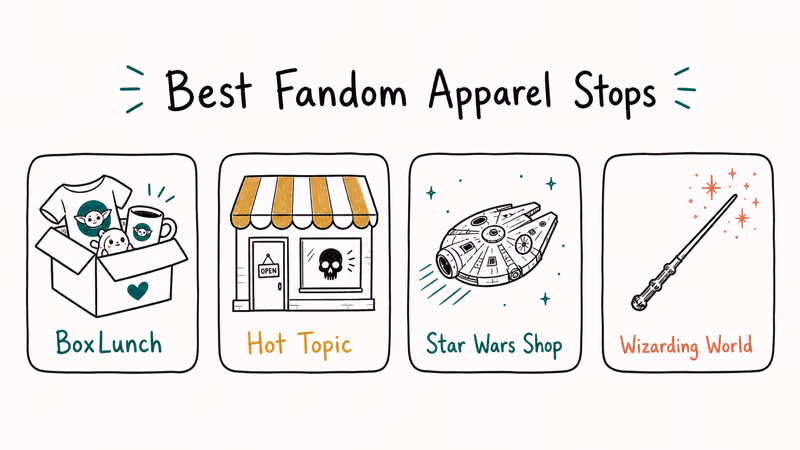 Four-card row showing apparel fandom store alternatives BoxLunch Hot Topic Star Wars Shop and Wizarding World.