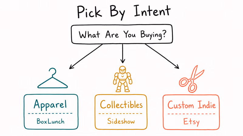 Decision tree mapping apparel collectibles or indie buyer intent to BoxLunch Sideshow or Etsy alternatives.