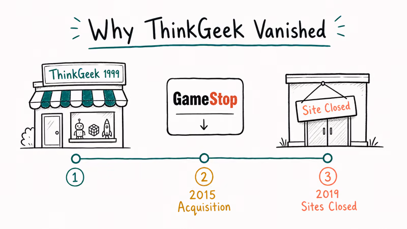 Three-milestone timeline showing ThinkGeek founding GameStop acquisition and 2019 site closure.