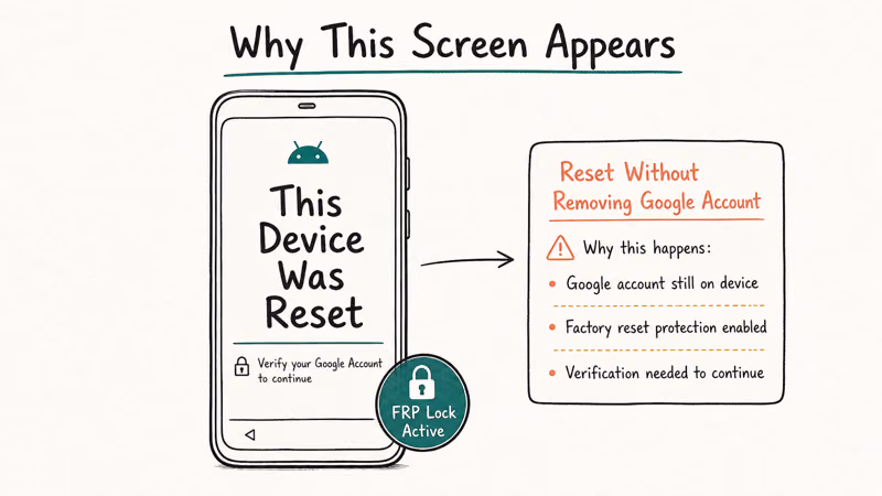 Hand-drawn Android setup showing This Device Was Reset error explained as active FRP lock from improper reset.