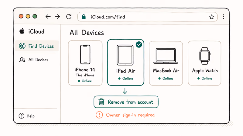 iCloud Find My web page with device list and teal selection ring on iPhone showing Remove from account