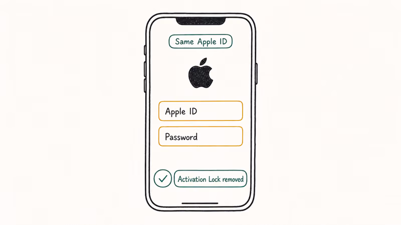 Hand-drawn iPhone setup screen showing Apple ID sign-in and a confirmation that activation lock was removed.