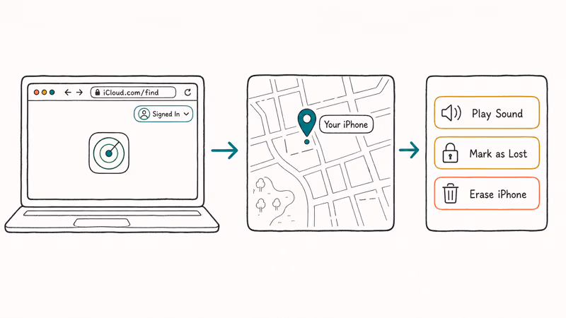 Hand-drawn three-step Find My flow showing browser sign-in pinned location and owner action buttons.