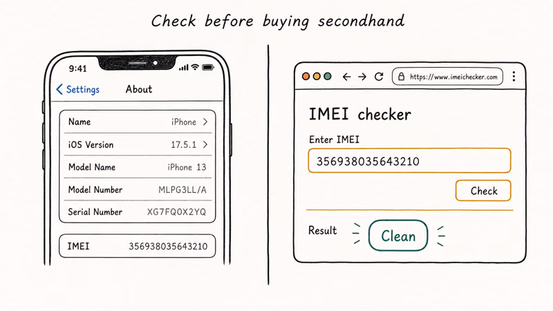 Hand-drawn split showing iPhone IMEI string and a checker tool returning a clean activation lock status badge.