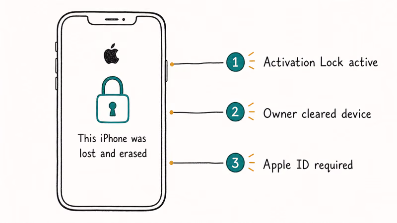 Hand-drawn iPhone lock screen showing the lost-and-erased message with three annotations explaining the cause.