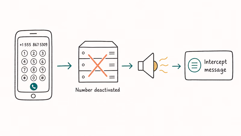 Hand-drawn call routing flow showing dialed number reaching a carrier switch and routing to an intercept recording.