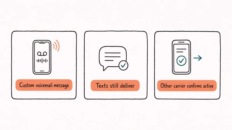 Hand-drawn three-card chart showing three signs that an out-of-service recording is faked to dodge a caller.