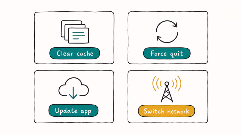 Hand-drawn 2x2 chart of four Messenger glitch-fix steps including clear cache force quit update and switch network.