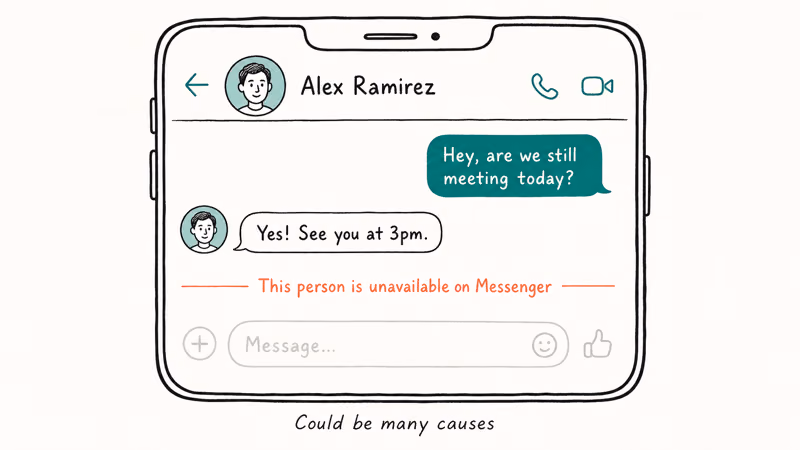 Hand-drawn Messenger thread showing grayed-out composer and the unavailable notice with a caption about causes.