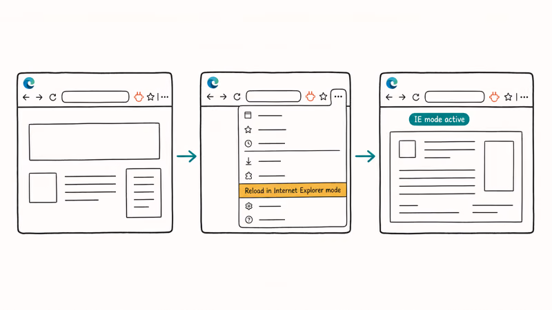 Hand-drawn three-step Edge flow opening a legacy plug-in page via reload in Internet Explorer mode.