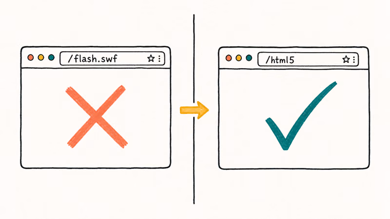 Hand-drawn browser URL swap from a Flash file URL with a coral cross to an HTML5 URL with