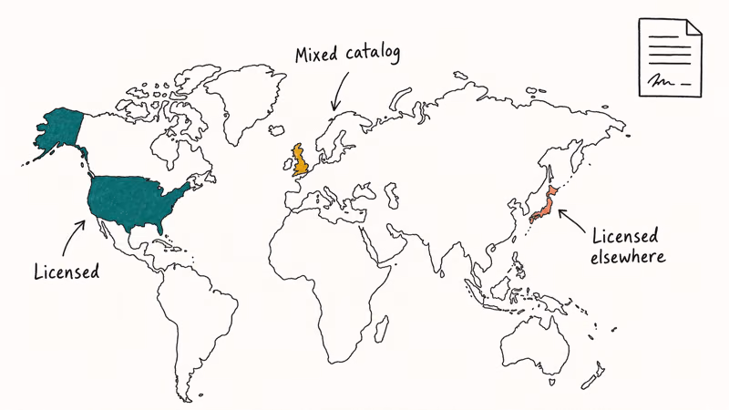 Hand-drawn world map highlighting three regions with different Apple Music licensing statuses and a contract icon.