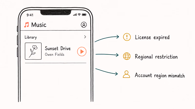 Hand-drawn Apple Music screen showing a grayed-out track with three side annotations for license region and account causes.