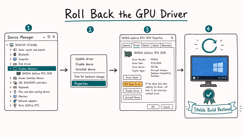 Four-card flow showing Device Manager Display Adapters Properties Driver tab Roll Back and restart success.