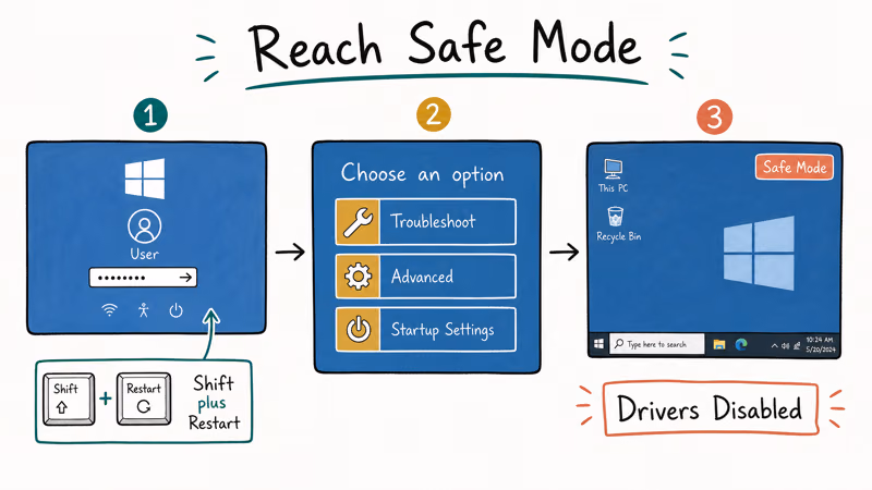 Three-screen flow showing how to enter Safe Mode on Windows 10 and 11 from login through recovery menu.
