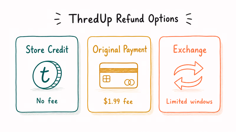 Three-card row mapping ThredUp refund options including store credit original payment and exchange with fees