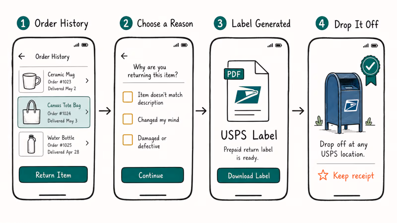 Four-panel phone flow starting a ThredUp return by tapping item picking reason printing label and mailing back