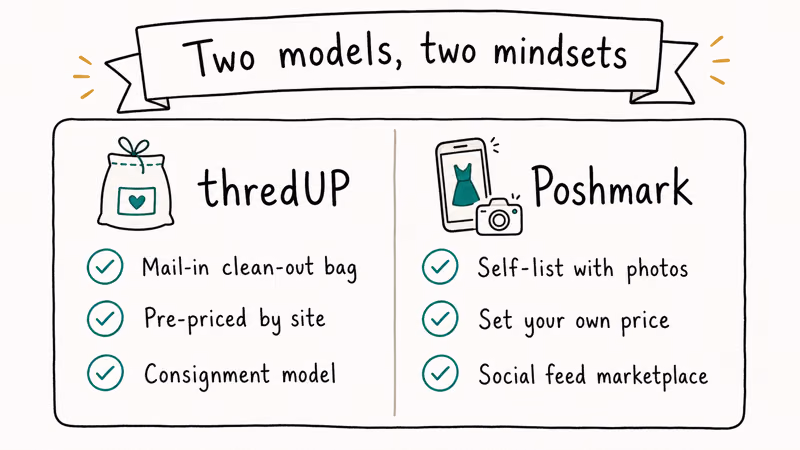 Two-column comparison card showing thredUP's mail-in consignment model versus Poshmark's social self-listing model.
