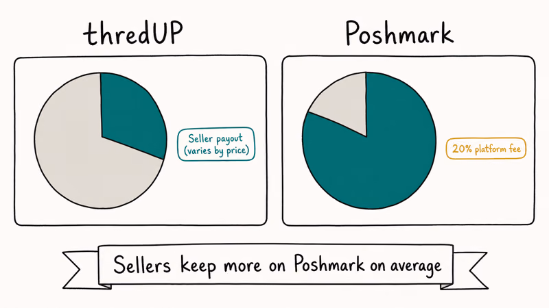 Two pie charts comparing seller payout share on thredUP versus Poshmark.