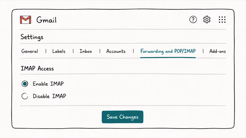 Gmail settings panel with Forwarding and POP IMAP tab showing IMAP access enabled and a save changes button