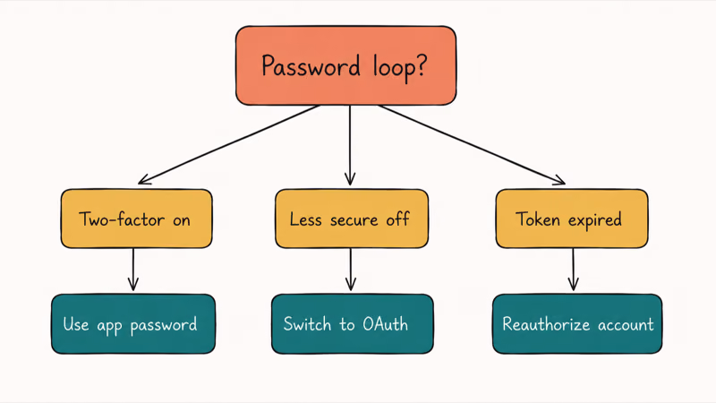 Decision tree for Thunderbird password loop branching into two factor app password OAuth switch and reauthorize token