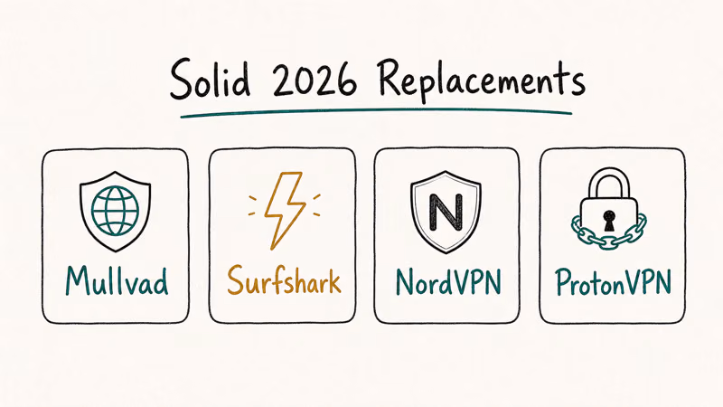 Four-card row showing trustworthy 2026 VPN alternatives Mullvad Surfshark NordVPN and ProtonVPN.