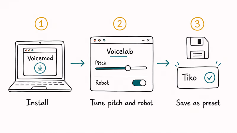 Three-step ribbon for creating a Tiko-style preset in Voicemod's Voicelab.