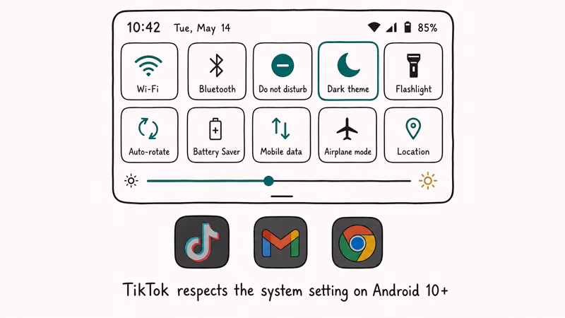 Android quick settings dark theme tile highlighted with three apps including TikTok showing dark overlay cascade