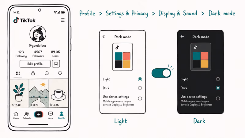 Android phone with TikTok settings breadcrumb and light versus dark screen mockups with teal toggle in middle