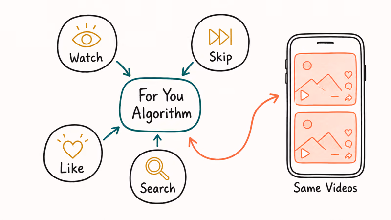 Circular diagram showing how watch, skip, like, and search signals feed the For You algorithm