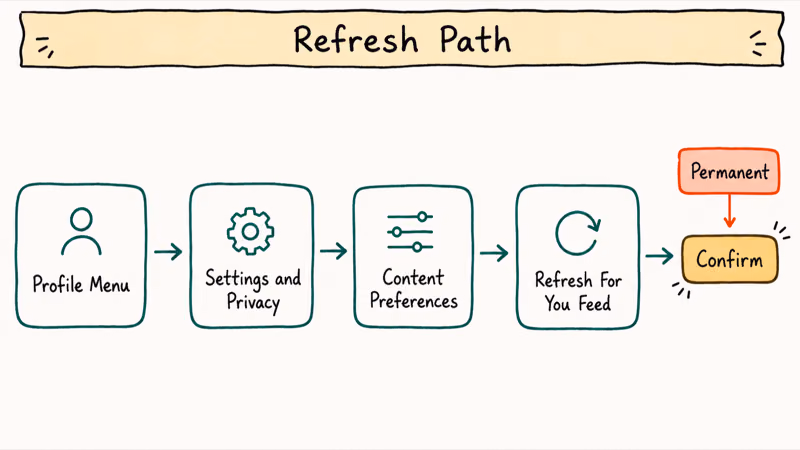 Menu path from profile settings to TikTok Refresh Your For You Feed confirmation step