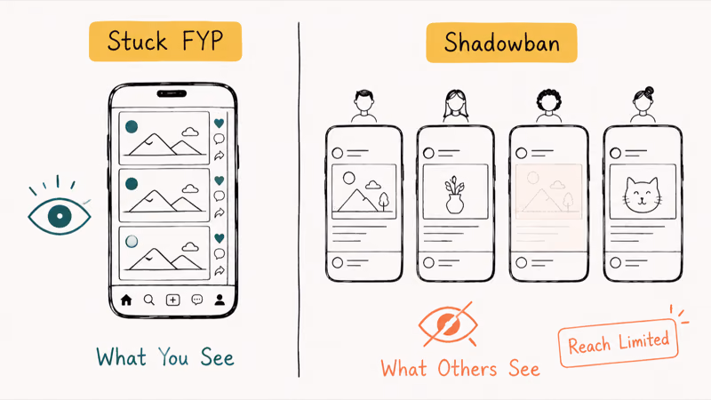 Two panel comparison of a stuck For You feed versus a shadowban suppressing your posts