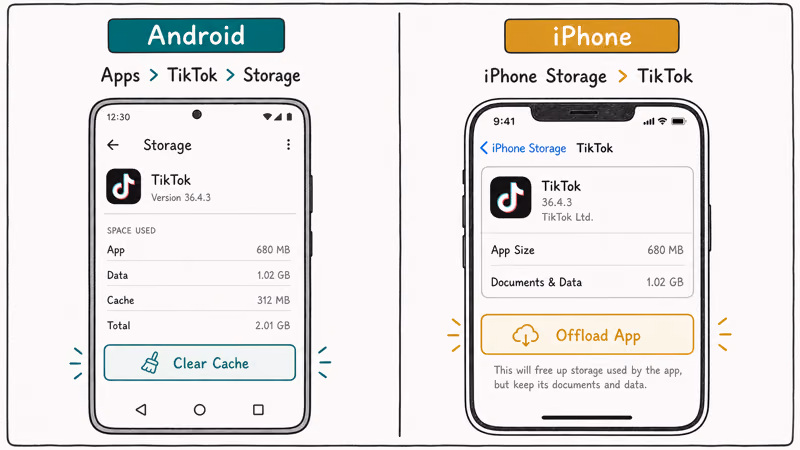 Side-by-side steps for clearing TikTok cache on Android and offloading on iPhone