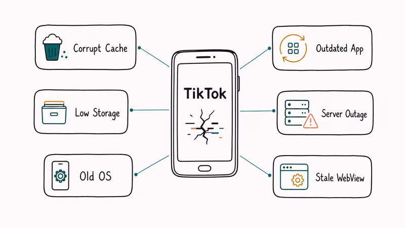 Six common causes of TikTok crashing displayed as labeled cards around a phone