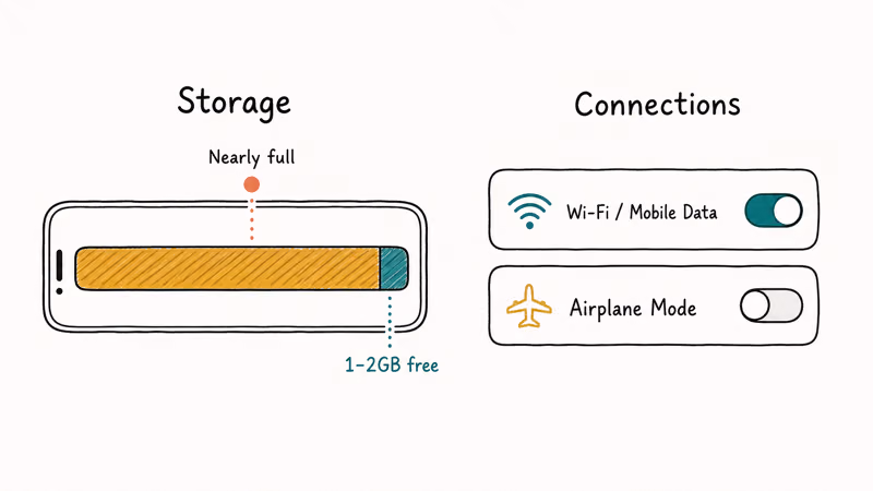 Phone storage bar and Wi-Fi toggle showing free space needed to prevent TikTok crashes