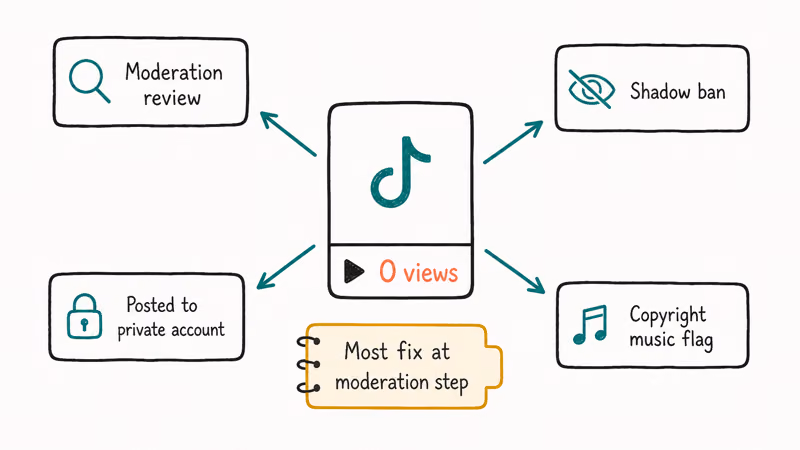 TikTok video tile showing zero views with four arrows fanning to common causes including moderation and shadow ban