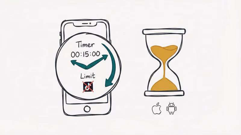 Phone with timer and hourglass showing device-level screen time controls