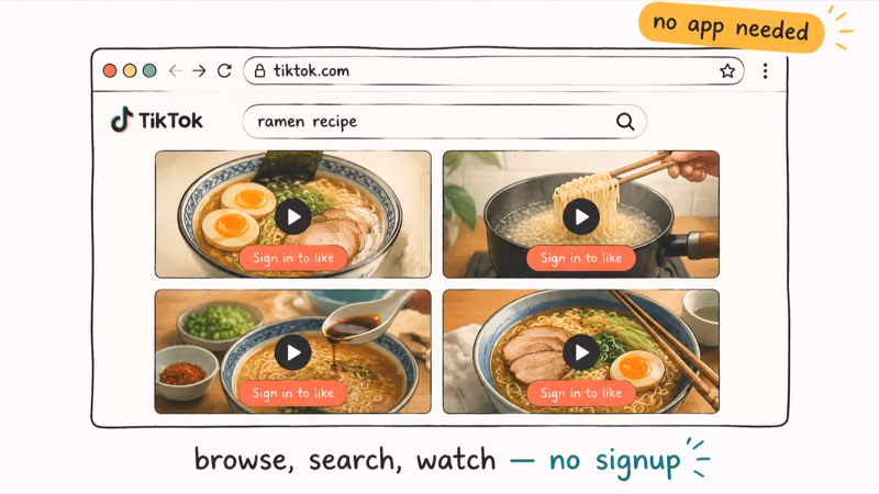 TikTok website search bar with ramen recipe query and four video thumbnails plus sign in to like overlays