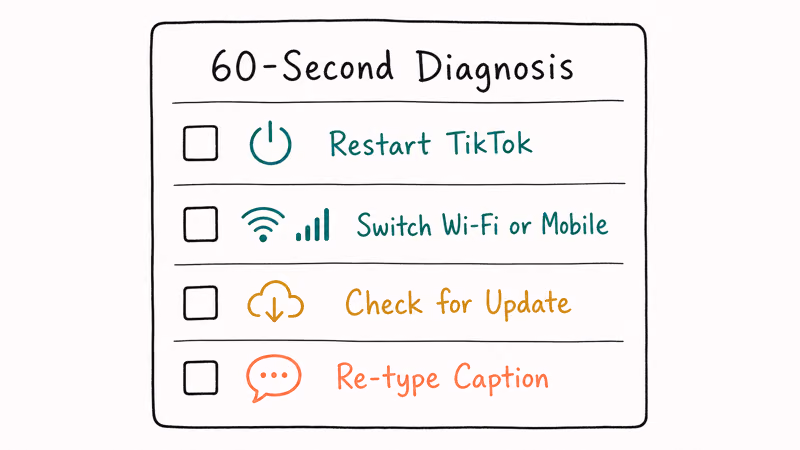 Four-row 60-second diagnosis checklist for TikTok TTS restart Wi-Fi update and re-typed caption.