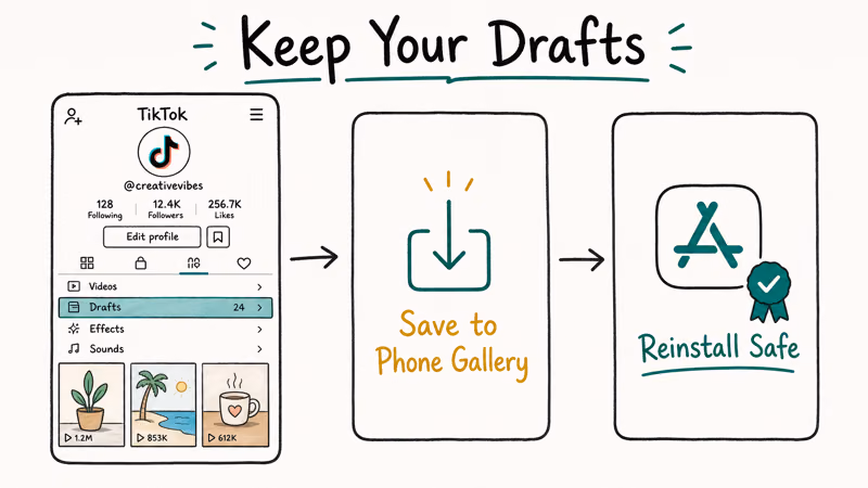 Three-card flow showing drafts export to phone gallery before TikTok reinstall to keep videos safe.