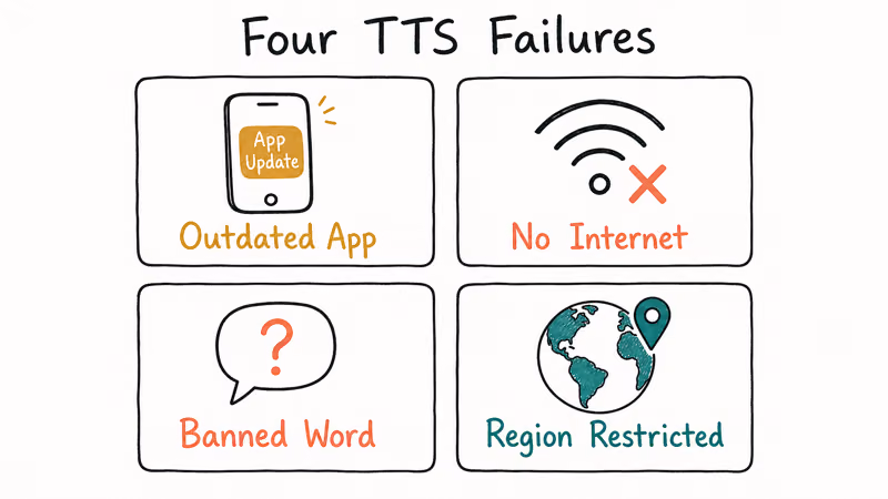 Four-card grid showing TikTok text-to-speech failure causes outdated app no internet banned word and region lock.
