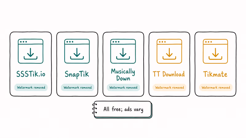 Row of five TikTok to MP4 converter tool cards with watermark removed pill labels including SSSTik SnapTik Musically