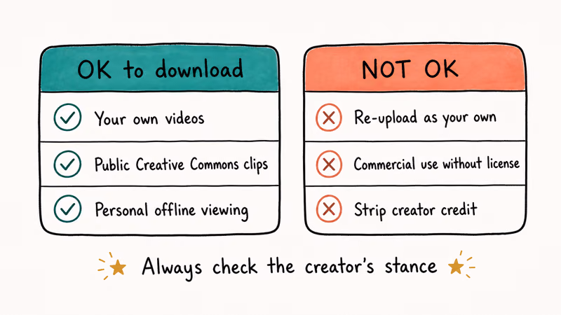 Two card guide showing allowed and not allowed TikTok to MP4 download scenarios for personal use versus reupload