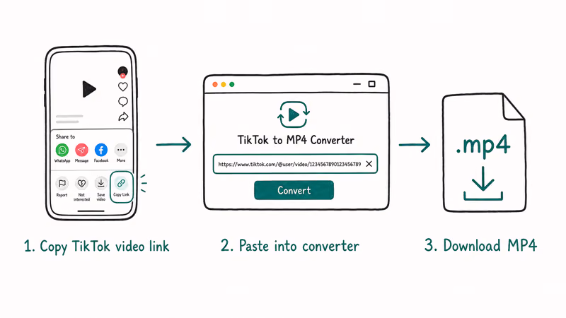 Three step horizontal flow for converting TikTok to MP4 copy share link paste into converter download MP4 file